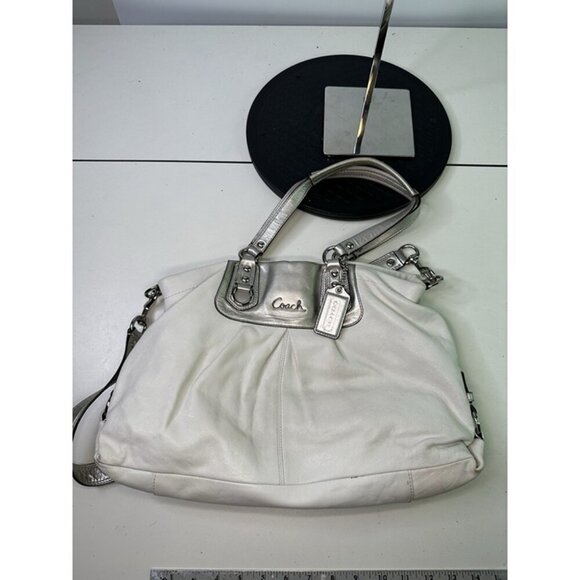 COACH ASHLEY White Silver Leather Handbag Purse Pink Lining J1194 - F15513 - Picture 10 of 12